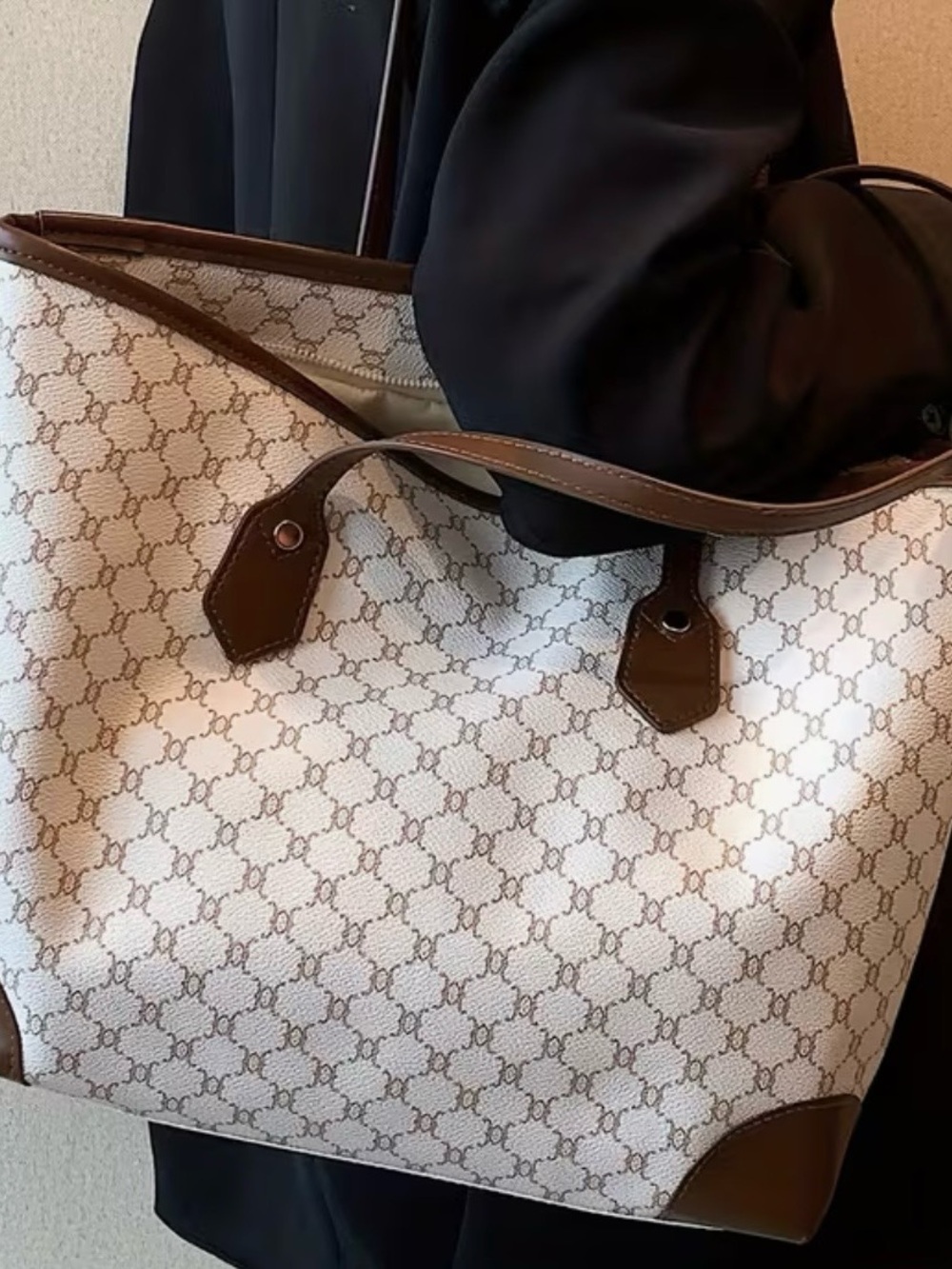 NWOT Large Beige Tote with Brown Trim